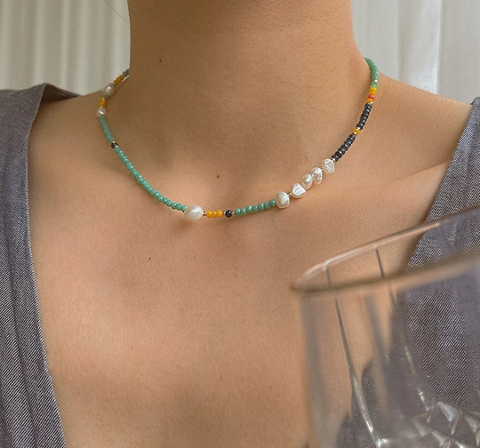 Colorful Beaded Necklace With Freshwater Pearls, Necklace, Rainbow Pearl Y2K Jewelry