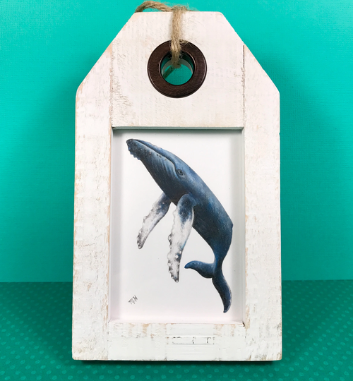 Humpback Whale Original Colored Pencil Drawing in A White Nautical Beach-Style Frame, Can Hang Or Stand Upright