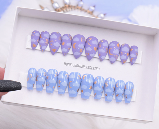 Dreamy Cloud Nails Lavender Press On Nails, Rose Gold Stars & Moons, Cotton Candy Sunset Sky Choose Periwinkle Blue Or Lilac Gel Fake