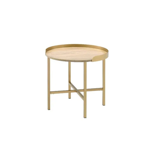 Q-Max Round Oak Table Top & Gold Finish End Table