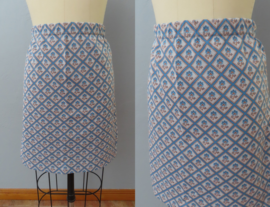 Vintage 60S Blue Geometric Knit Pencil Skirt | Size Large High Waisted Preppy Wiggle Retro Secretary