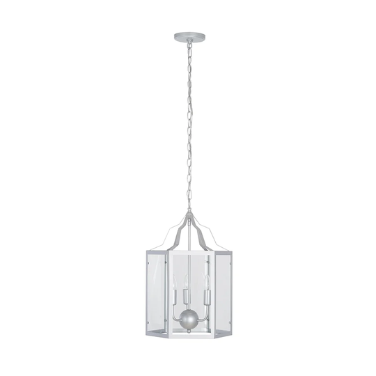 14" Silver 3-Light Cage Frame Glass Panel Pendant Chandelier, LED bulbs Included - 13.75x13.75x21.75
