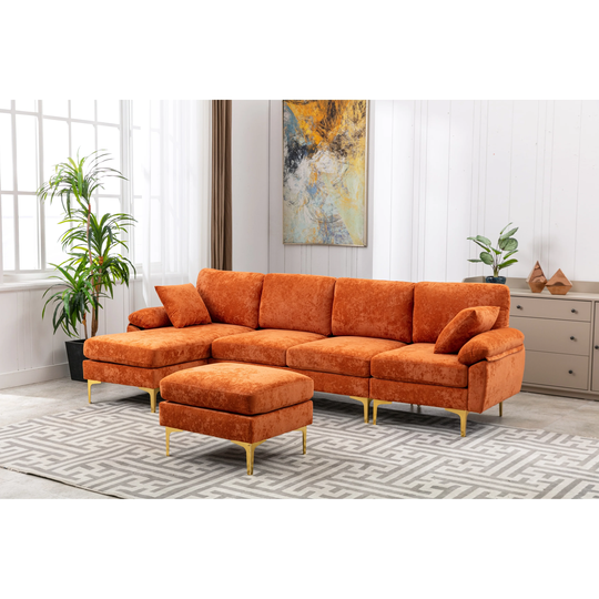L-Shape Orange Fabric Sectional Sofa with Ottoman