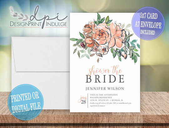 Shower The Bride Peach Colored Rose Bridal Invitation, Watercolor Floral Invite, New Card, Digital Or Printed