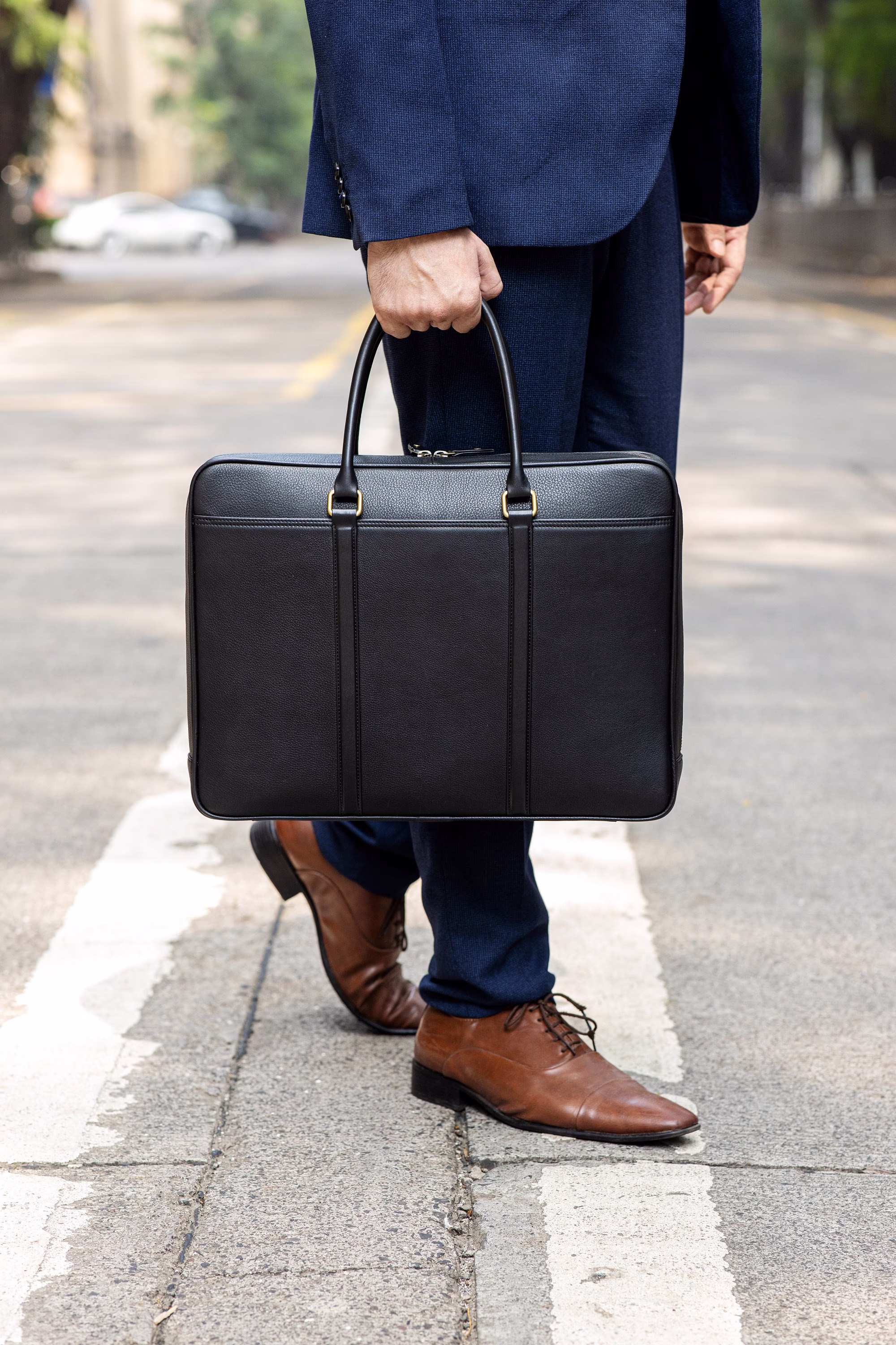 Slim Black Leather Briefcase With Double Handles