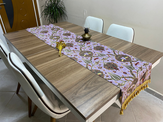 Lilac Tulip Pattern Turkish Table Runner, Long Boho Wedding Decor, Gray Farmhouse Rustic Rnr382