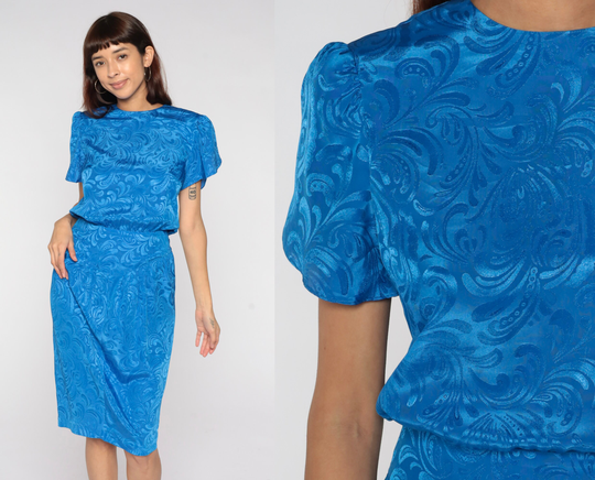 80S Pencil Dress Shiny Blue Embossed Midi 1980S Puff Sleeve Fitted Wiggle Secretary Short Small 4 S