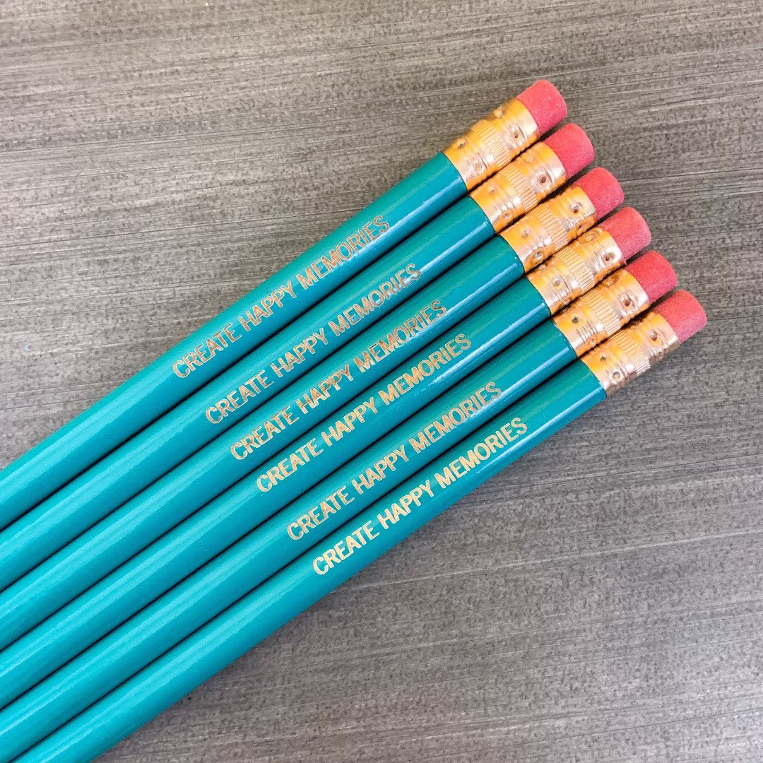 Create Happy Memories Engraved Pencil Set Of 6 in Teal