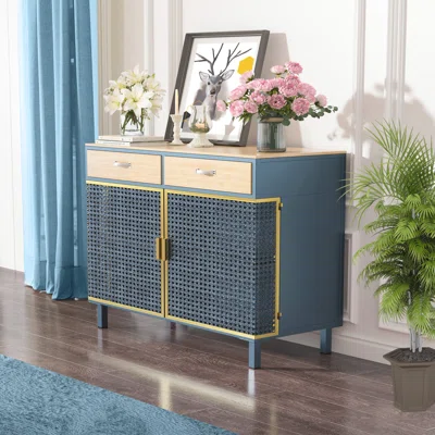 Modern Style Sideboard, Iron + Carbonized Bamboo Material Storage Cabinet With Two Drawers