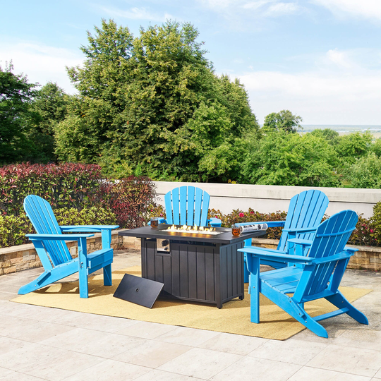 5 Pieces 30000 BTU Tiles Top Aluminum Propane Fire Pit & HDPE Folding Adirondack Chairs Set by Elm Plus