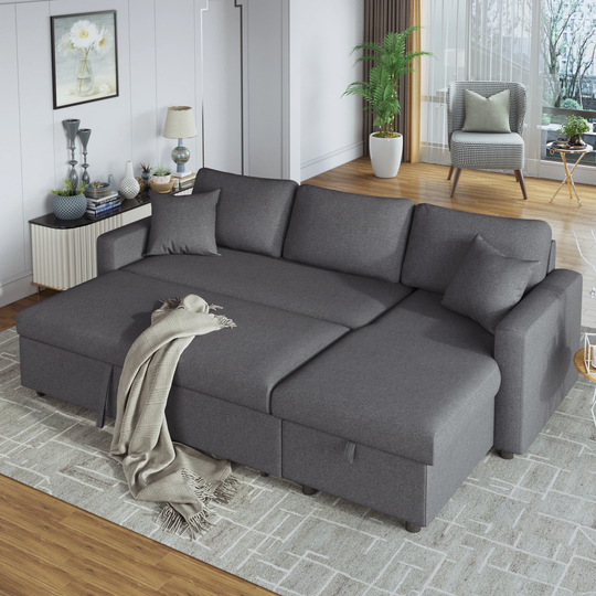 87" Upholstery Sleeper Sectional Sofa with Storage Right Facing Chaise, L-Shape Convertible 3 Seat Couch with 2 Tossing Cushions