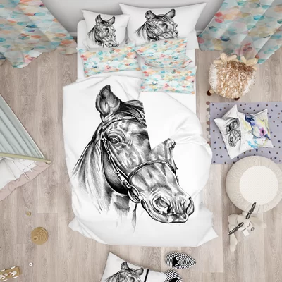 Designart Freehand Horse Head Pencil Drawing Duvet Cover Set