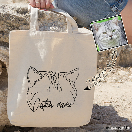 Custom Cat Ears Outline Tote Bag, Shorthair Line Art Drawing Minimalist Bag