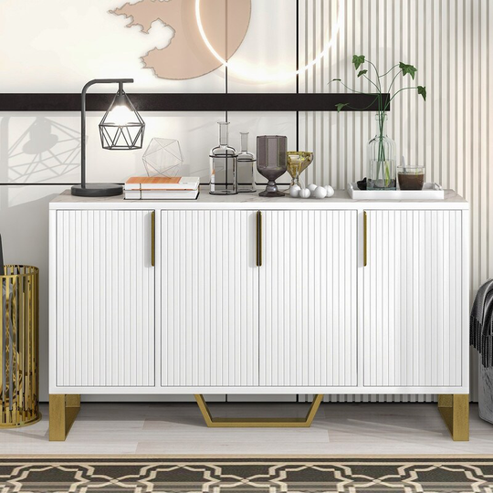 Modern Sideboard Kitchen Cabinet with 4 Doors, Metal handles & Legs and Adjustable Shelves