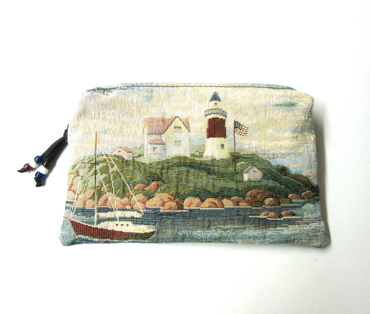 Zippered Pouch Pencil Case Cosmetic Bag Make Up Clutch Purse Organizer Black Leather Lighthouse Tapestry Fabric