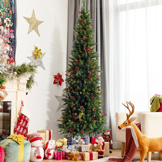 7.5 Ft Slim Pencil Christmas Tree with Light, Cones and Berries - LED Xmas Tree with Cones and Berries
