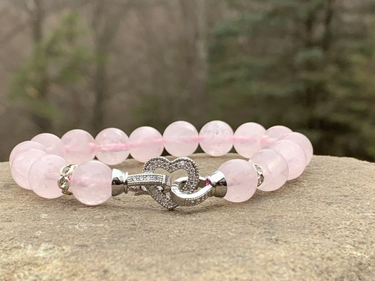 Rose Quartz Bracelet, Stretch Bracelet | Pink Cord, Heart Shaped Cubic Zirconia Gemstones, Natural Crystal