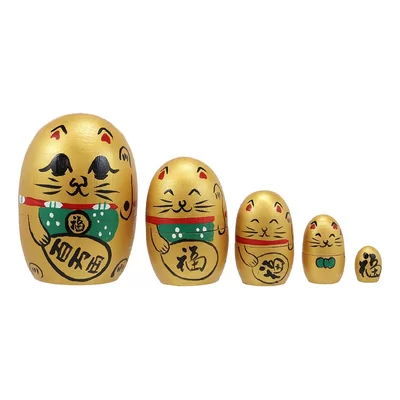 5 Piece Telang Maneki Neko Cat Wooden Toy Stacking Nesting Dolls Figurine Set