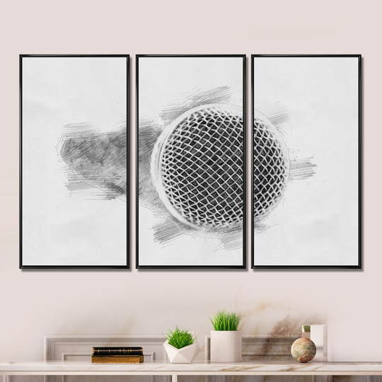 Designart 'Microphone in Pencil Sketch' Music Framed Wall Decor Set of 3 - 4 Colors of Frames