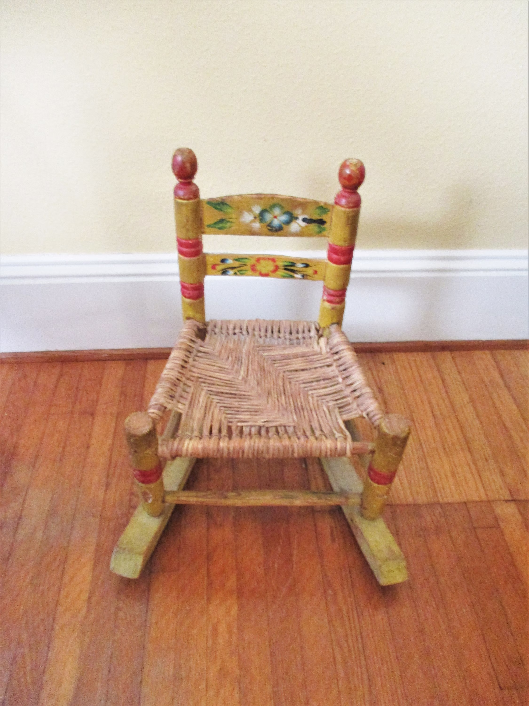 Vintage Doll Rocking Chair Hand Painted Tole Flowers Wood Gold Red Rush Seat