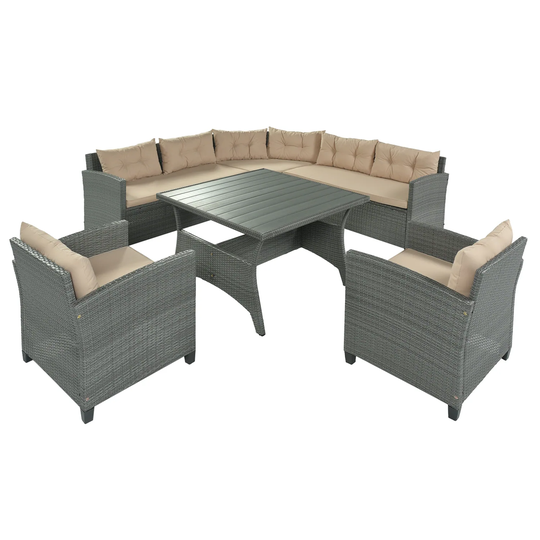 6pcs Outdoor Wicker Sofa Set, Sectional Sofa with Cushions a
