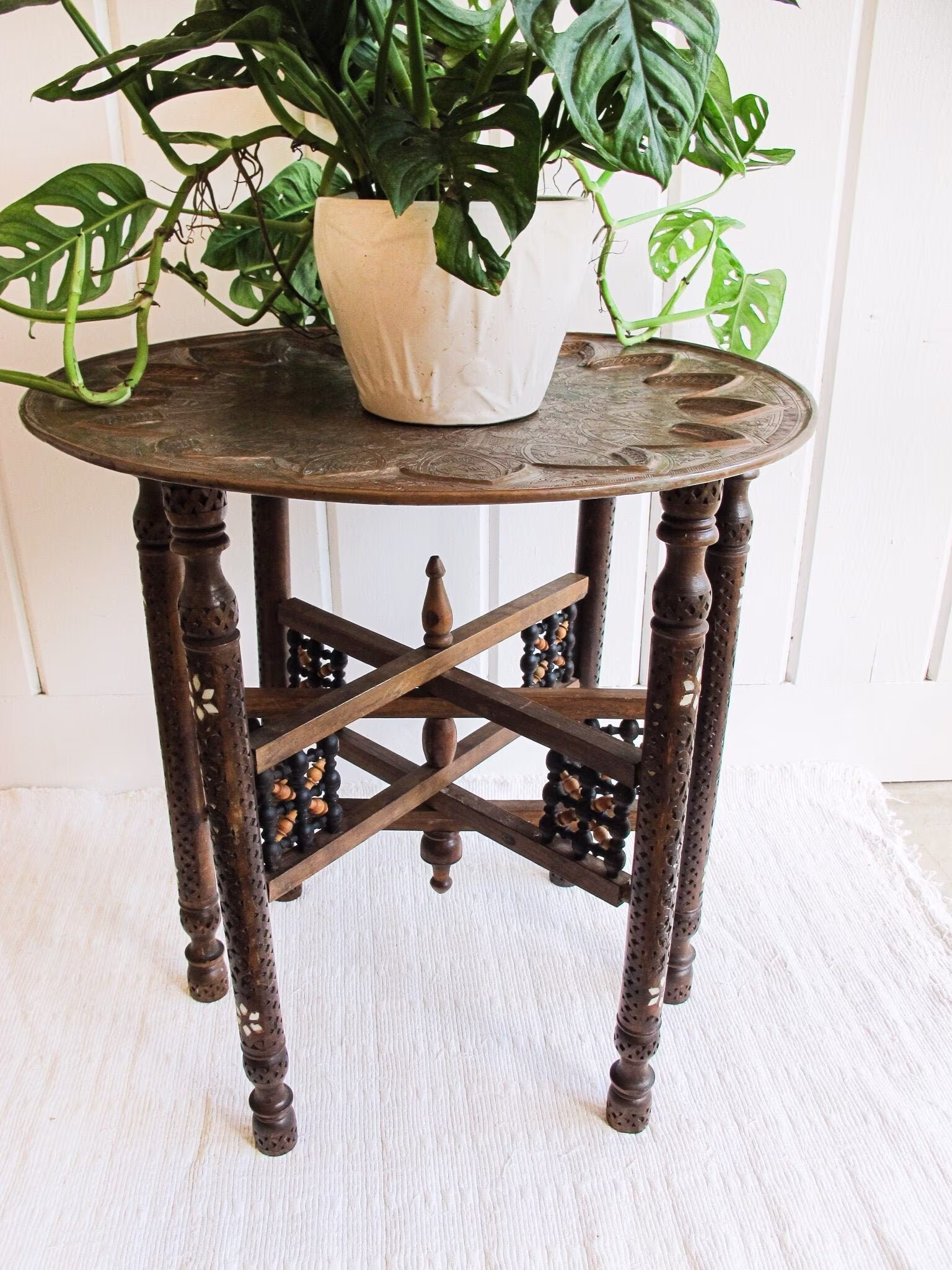 Mixed Metal Copper Top Tray Table With Folding Wood Legs Inlay