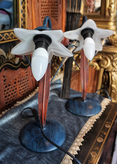 Vintage Table Lamps Set Of Two in Metal & Glass Lampshade // Home Decor