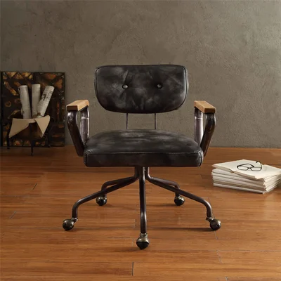 Hallie Mid Back Office Chair In Vintage Black Top Grain Leather,Wooden Armrest With Metal Frame