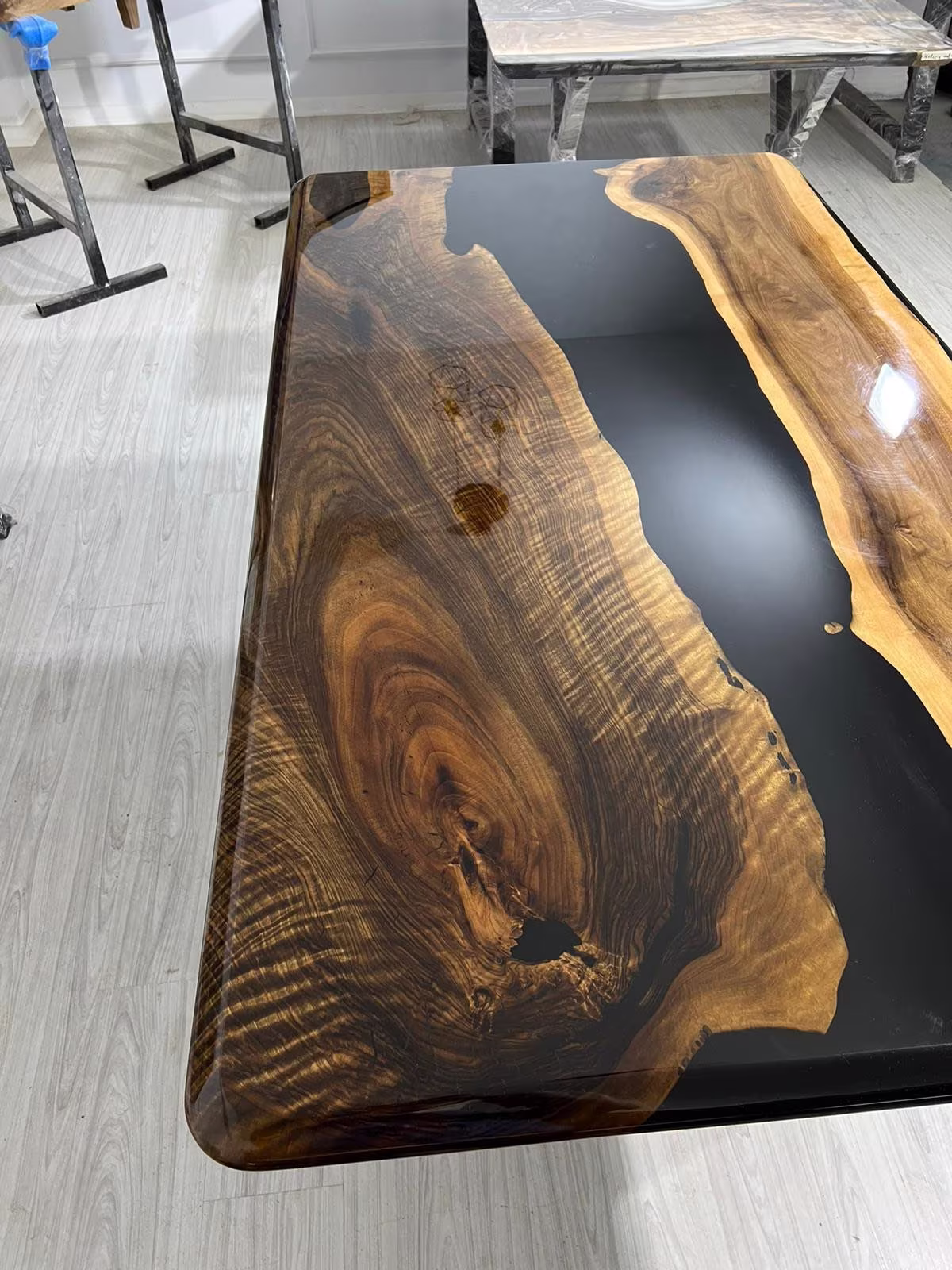 Handmade Epoxy Table, Walnut Dining Custom 72" X 40" Shiny Black Table For Catina