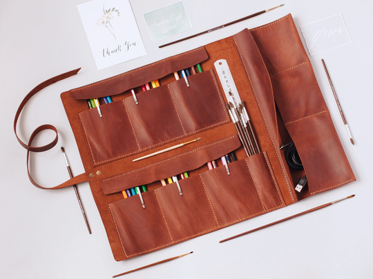 Leather Roll, Artist Pencil Case, Tool Roll Paint Brush Holder, Craft Roll, Pencil Wrap