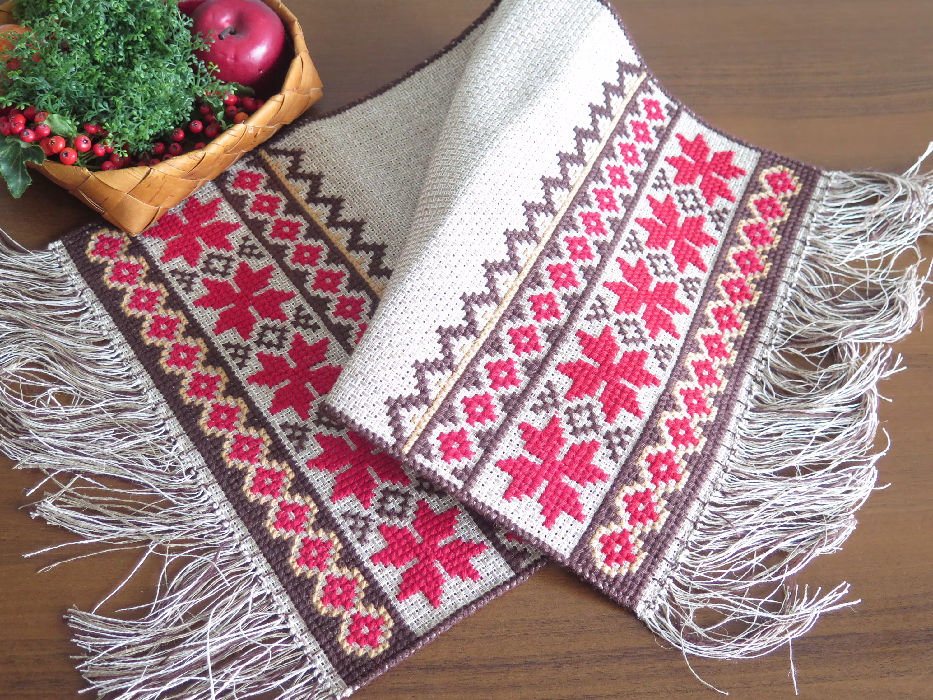 Embroidered Table Cloth With Fringe, Scandinavian Vintage Textiles #4-54-4