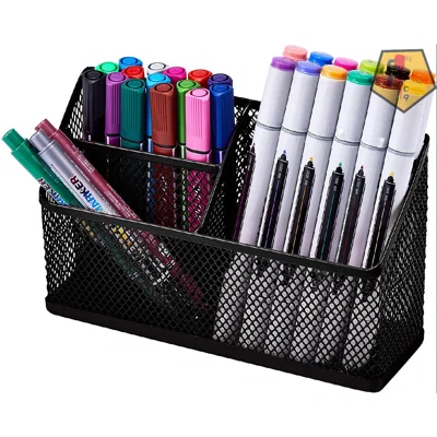 Magnetic Pencil Holder, Locker Organizer With 3 Mesh Storage Compartments, Black