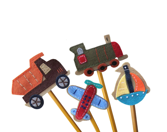 Pick 1 Pencil Topper, Dump Truck, Train, Airplane, Sailboat, Felt Classroom Treat Bag, Party Favor, Back To School