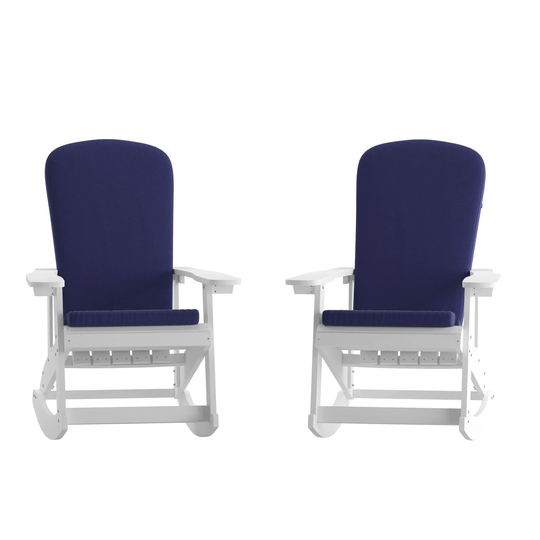 Flash Furniture Set of 2 Adirondack Rocking Chairs in White with Blue - 29.5"Wx37.75"Dx39.5"H