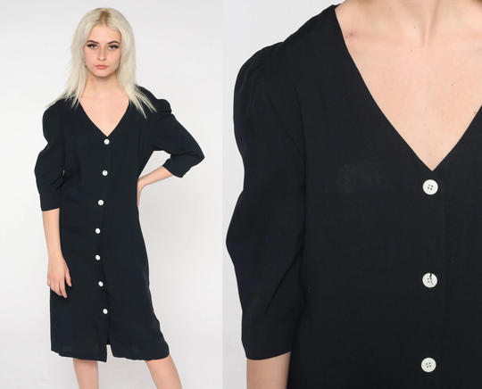 Black Button Up Dress 90S Sheath Midi Puff Sleeve Pencil Secretary Plain Classic Chic Vintage 1990S All That Jazz Medium M