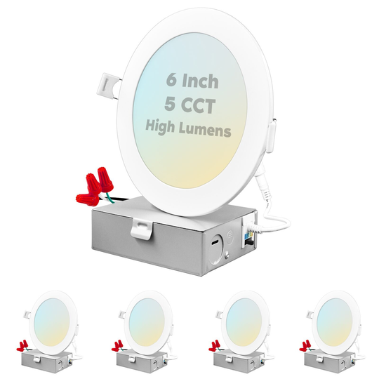 Luxrite 6" Ultra Thin LED Recessed Light with J-Box, 15W, 5 Color Selectable, 1400 Lumens, Dimmable, Wet Rated 4 Pack