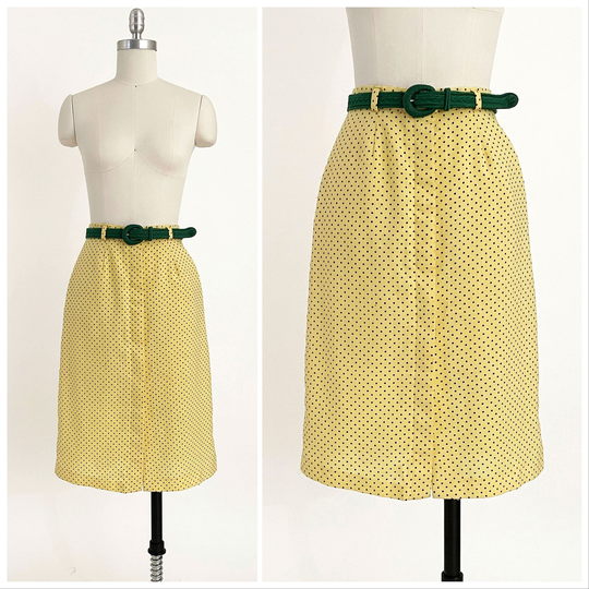 80S Does 60S Yellow Polka Dot Pencil Skirt | High Waisted Button Front Rockabilly Pin Up Secretary 25 Waist Xs/S