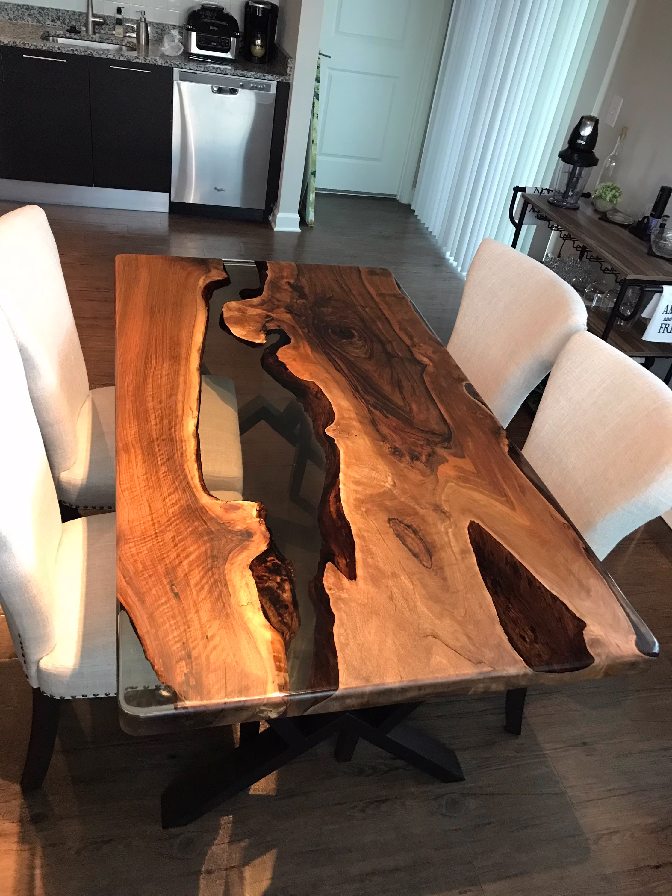 Live Edge Table, Epoxy Dining Walnut River Custom 65" X 36" Smokey Gray Order For Yema