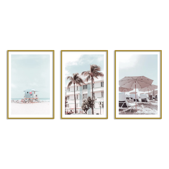 Miami Beach 3 Piece Wall Art Colorful Gallery Set Blue Decor Artwork