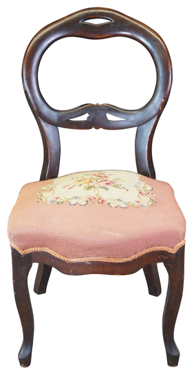 Antique Victorian Mahogany Balloon Back Floral Needlepoint Dining Side Chair 35"