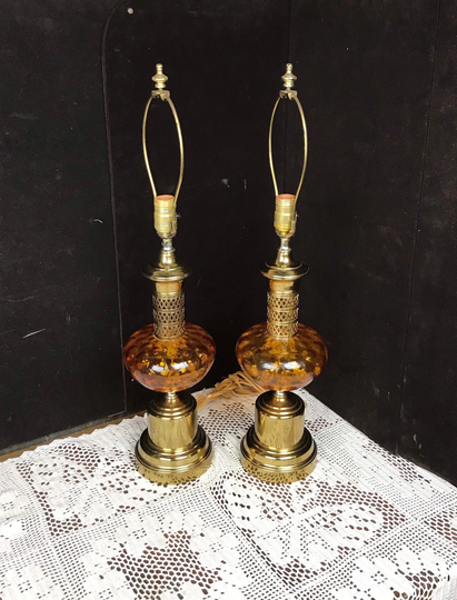 Pair Of Mid Century Amber Glass Table Lamps, Retro 1970's