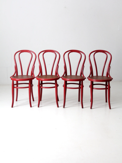 Vintage Bentwood Chairs, Red Painted Cafe Chairs Set/4