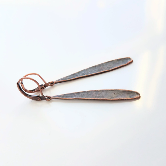 Thin Copper Teardrop Earrings, Copper Drop Earring, Long Skinny Antique Rustic Narrow Drop, Lever Back