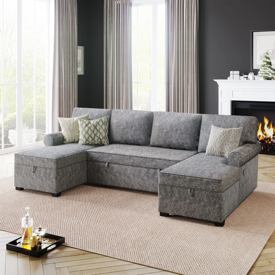 108.75" Sectional U-Shaped Sofa with 2 USB Chargers and Chaise Longue