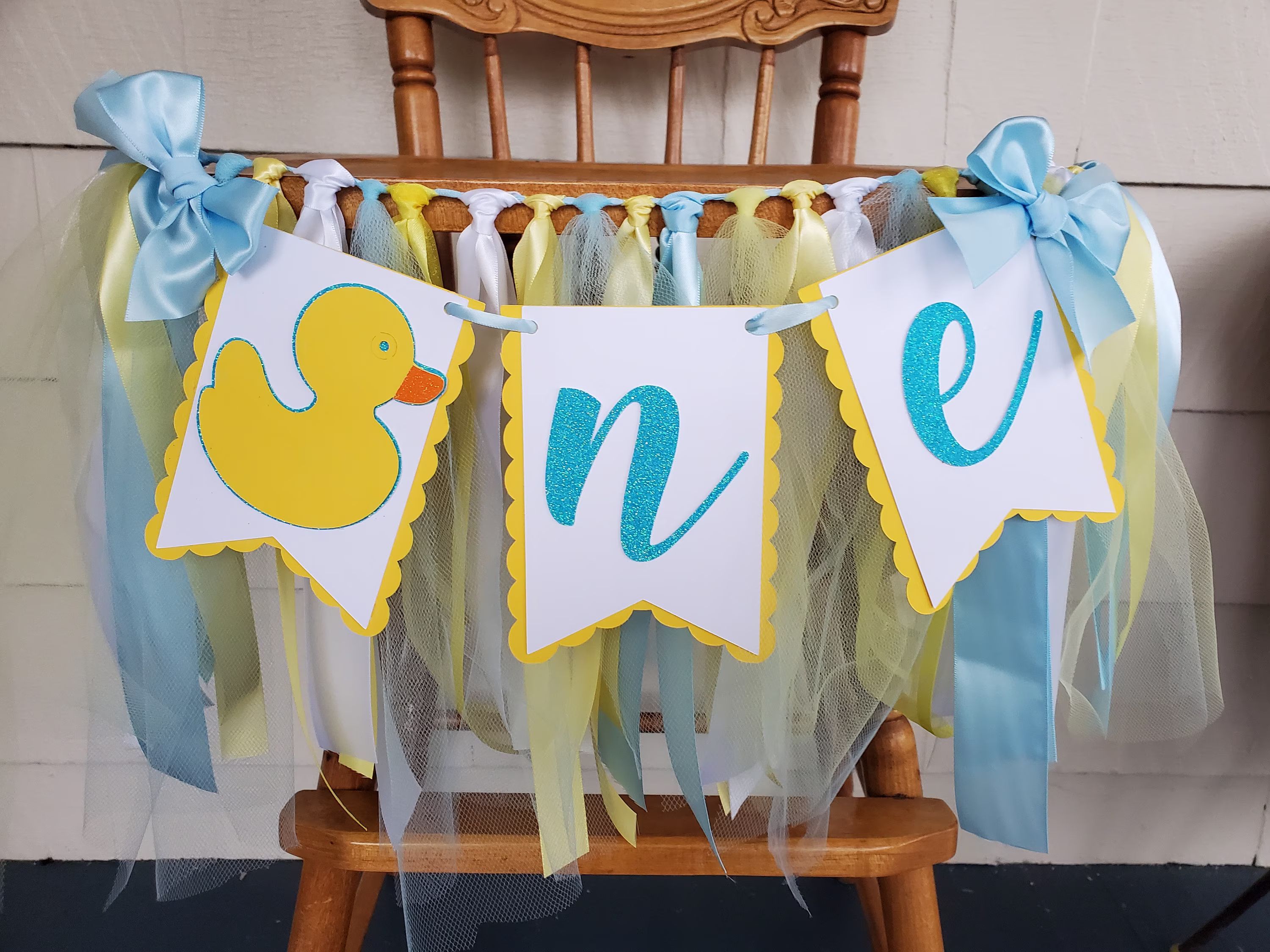 Rubber Duck High Chair Banner. One Banner. First Birthday Garland. Party Decorations. Tulle & Ribbon. Baby Photo Shoot