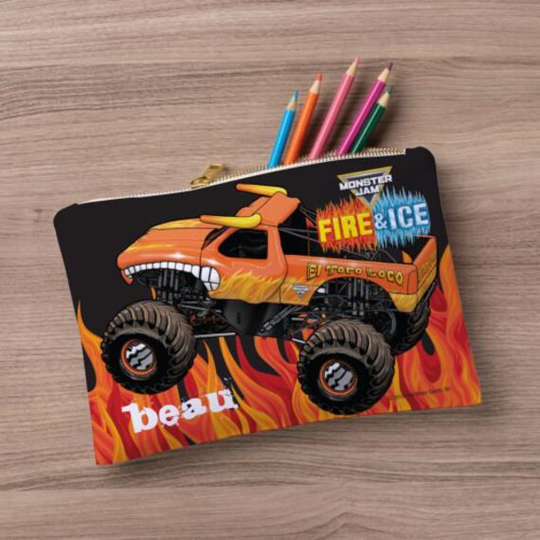 Monster Jam On Fire Personalized Pouch, Small Name Zipper Bag, Personalized Pencil Case, Customized Kids Pencils Pouch, Back To School Supplies
