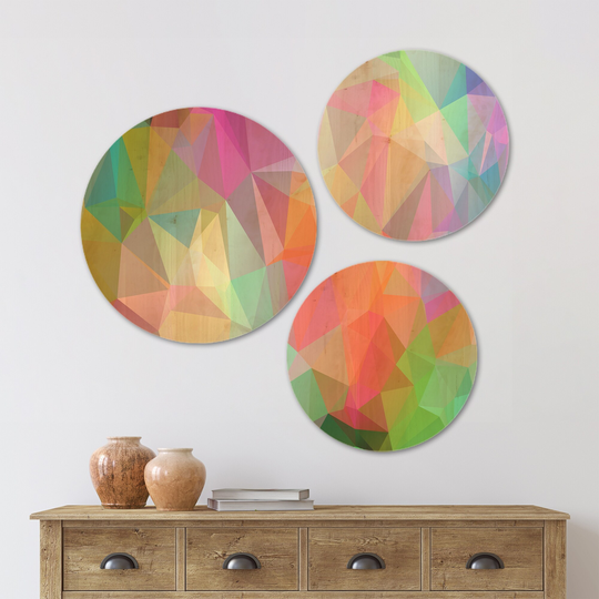 Designart 'Multi Color Polygonal Mosaic Pattern' Abstract Wood Wall Art Set of 3 Circles - Multi-Color