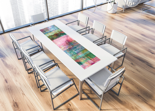 Pink & Green Abstract Table Runner Printed On Vinyl Fabric, Dinning Décor, Wipe Able Runner, New Home Gift Ideas