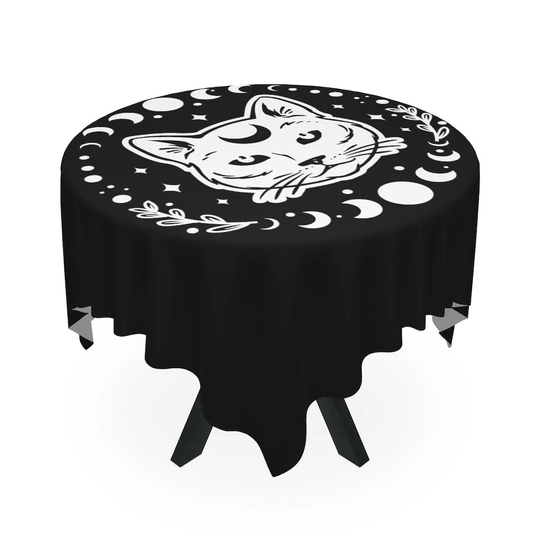 Mystic Cat Table Cloth, Moon Phases, Night Sky, Gothic Home Decor, Tablecloth, Witch Tarot Tablecloth