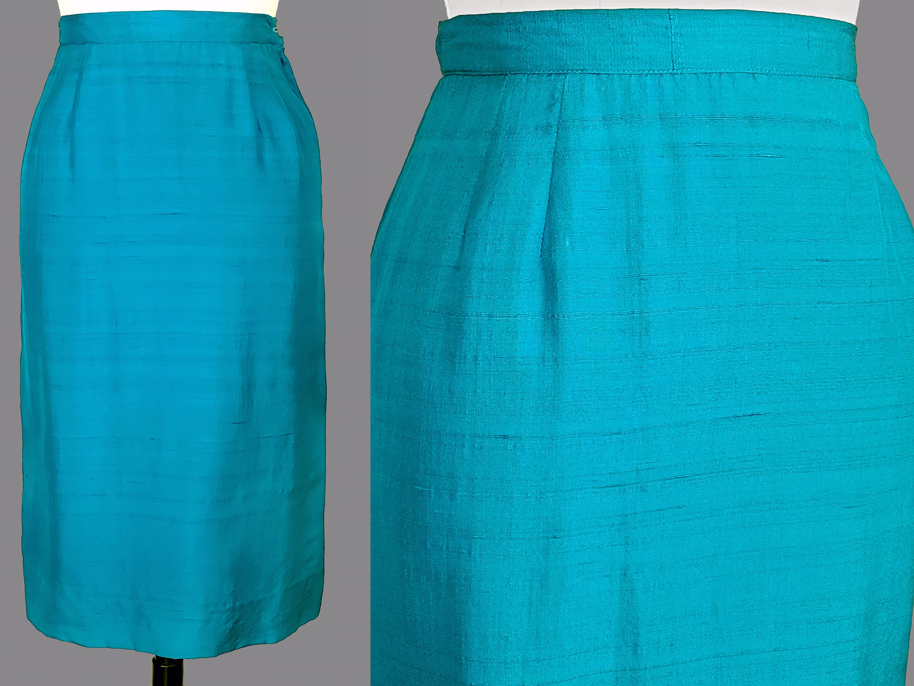 Real 1950S Dupioni Silk Skirt Xs Extra Small Size 2 Waist 26" Women's 50S Vintage Turquoise Pencil
